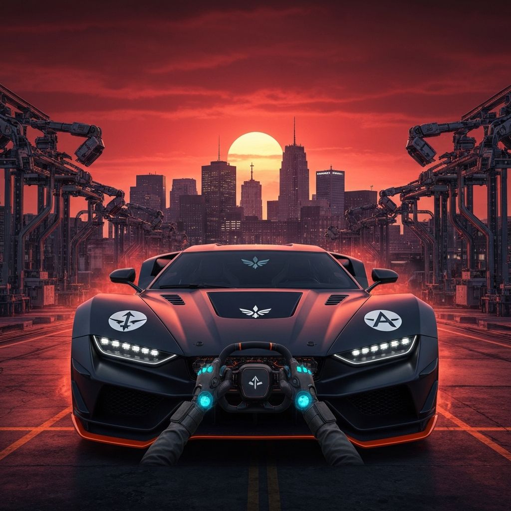 Pinnacle Predator EV in dystopian Detroit skyline at dusk